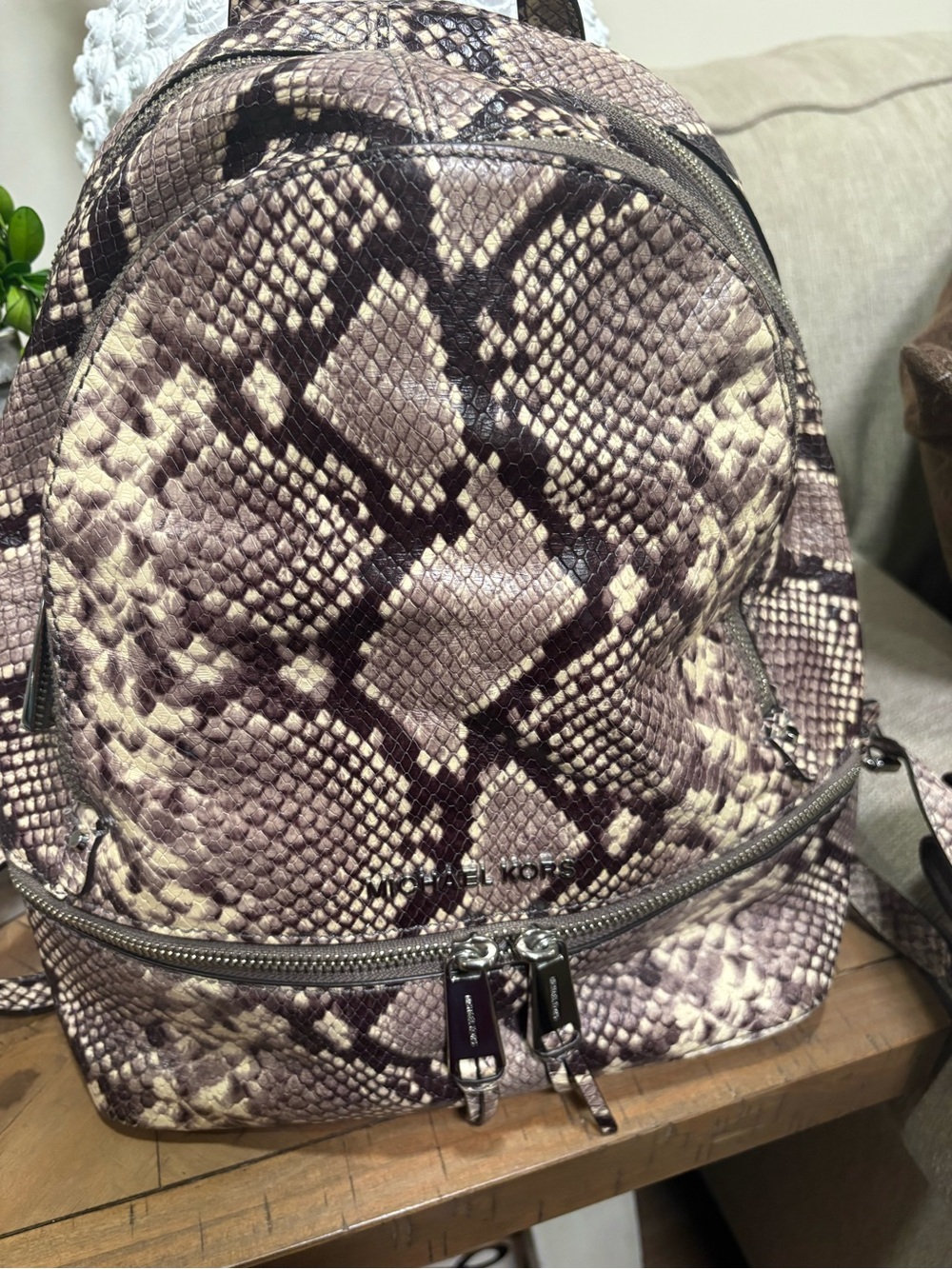 Michael Kors Pink Taupe Snake-Print Mini Backpack